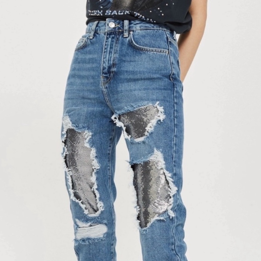 Topshop | NWT Chainmail Ripped High Waist Moto Mom Jeans